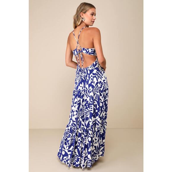 NWT Sz M Mykonos Memories Blue and Ivory Abstract Maxi Dress With Pockets - Picture 2 of 6